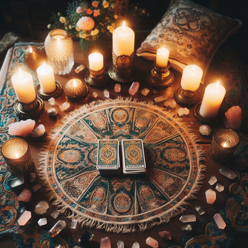 Deux tas de cartes sur un tapis rond à franges entouré de bougies et de cristaux