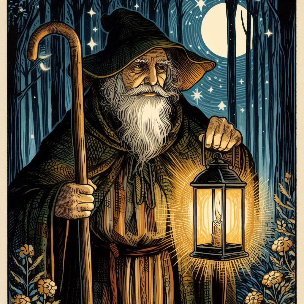 Hermite avec canne et lanterne