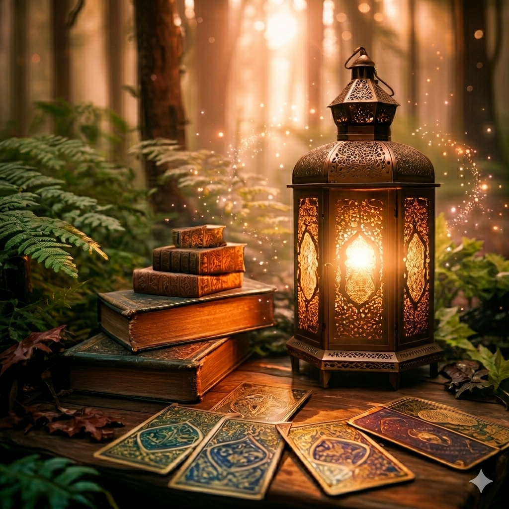 Lanterne et livres dans la forêt